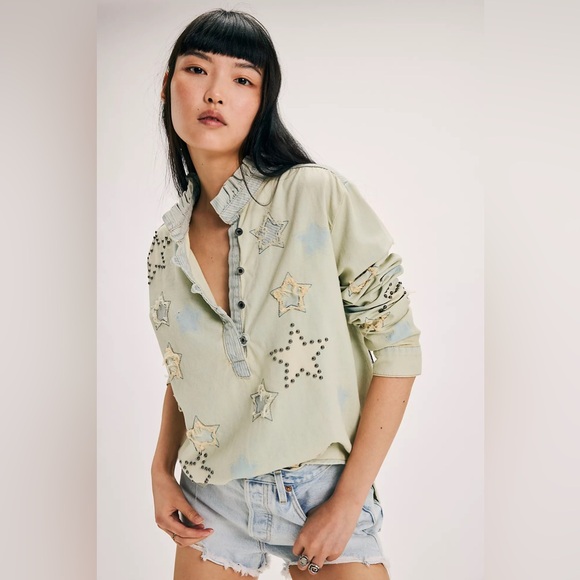 Free People x OneTeaspoon Sundae Star Denim Shirt - Picture 1 of 8